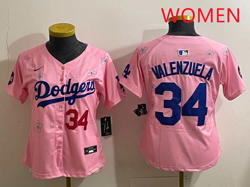 Women Los Angeles Dodgers 34 Valenzuela Pink Sakura Edition 2025 Nike MLB Jersey style 34